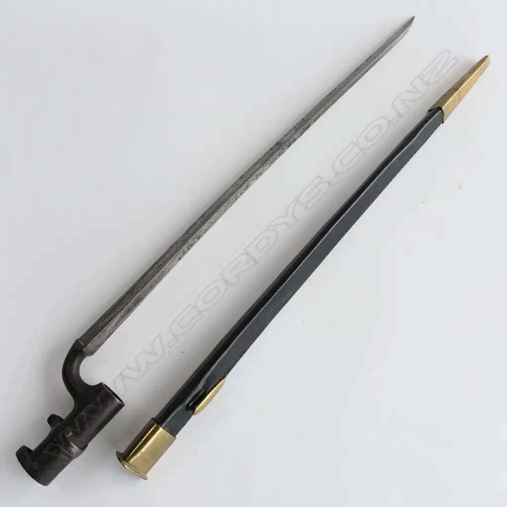 British 1853 Enfield Triangular Socket Bayonet (‘J’ over ‘378’) and Scabbard , replica brass mounted black leather scabbard. Image 1++
