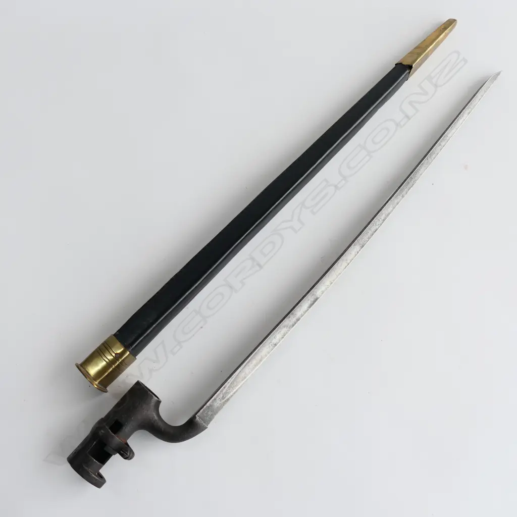 British 1853 Enfield Triangular Socket Bayonet (‘J’ over ‘378’) and Scabbard , replica brass mounted black leather scabbard. Image 1++