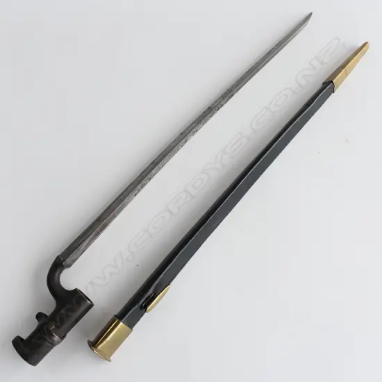 British 1853 Enfield Triangular Socket Bayonet (‘J’ over ‘378’) and Scabbard , replica brass mounted black leather scabbard.