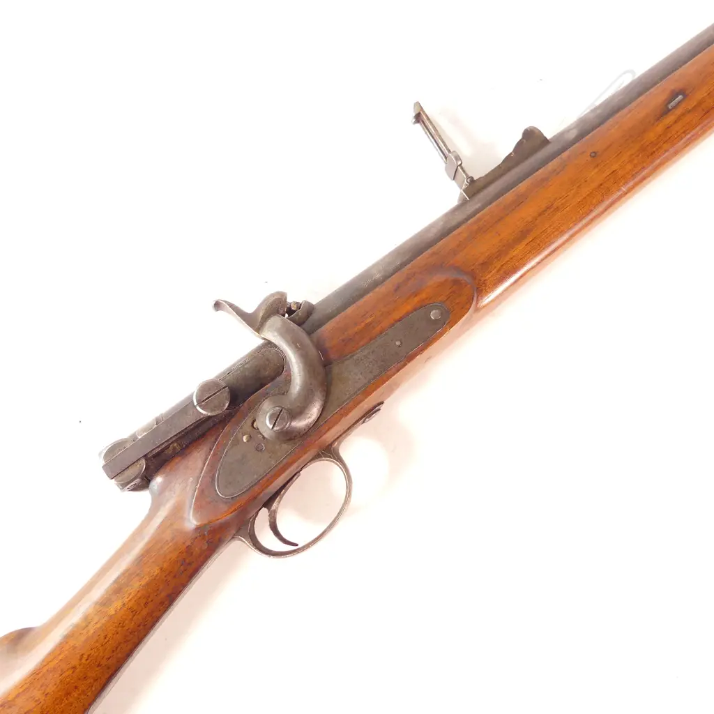 Calisher & Terry Military Breech Loading Rifle, caliber .30 bore. 33½" barrel, 51" overall, with walnut one-piece stock in excellent condition with one blackened ding under forewood. Image 1++
