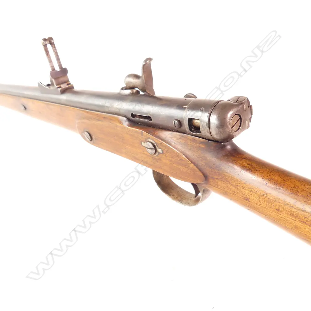 Calisher & Terry Military Breech Loading Rifle, caliber .30 bore. 33½" barrel, 51" overall, with walnut one-piece stock in excellent condition with one blackened ding under forewood. Image 1++