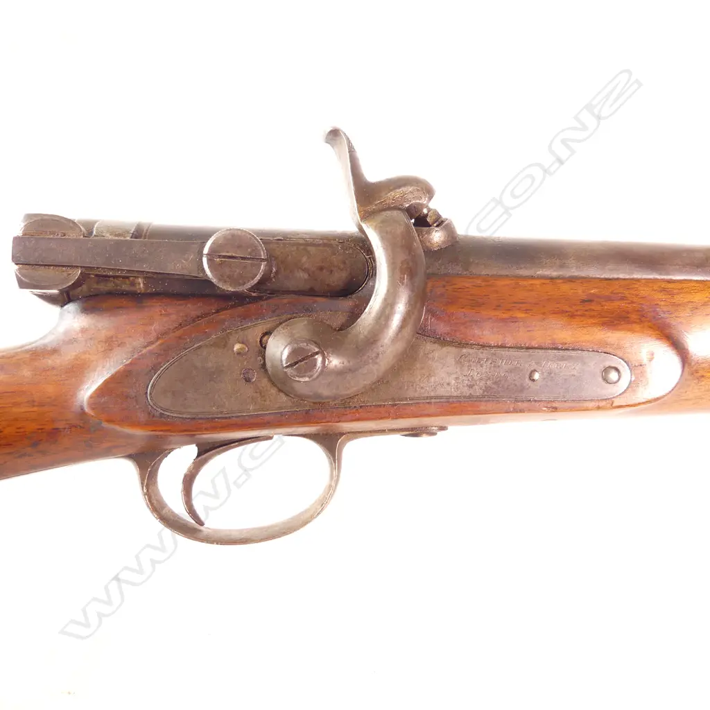 Calisher & Terry Military Breech Loading Rifle, caliber .30 bore. 33½" barrel, 51" overall, with walnut one-piece stock in excellent condition with one blackened ding under forewood. Image 1++