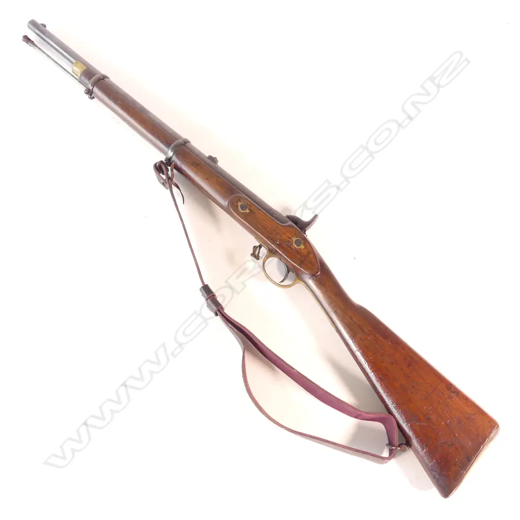 British Pattern 1853 Percussion Sergeant's Carbine- 2nd model.  Lock marked ‘Crown’ over ‘VR’ ‘Tower 1861’,...  All iron work with old professional reblue but all markings are sharp. Image 1++