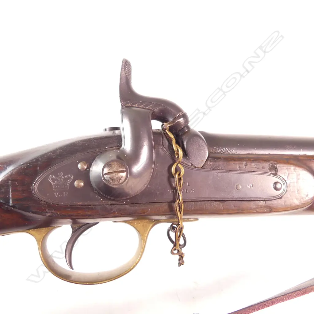 British Pattern 1853 Percussion Sergeant's Carbine- 2nd model.  Lock marked ‘Crown’ over ‘VR’ ‘Tower 1861’,...  All iron work with old professional reblue but all markings are sharp. Image 1++