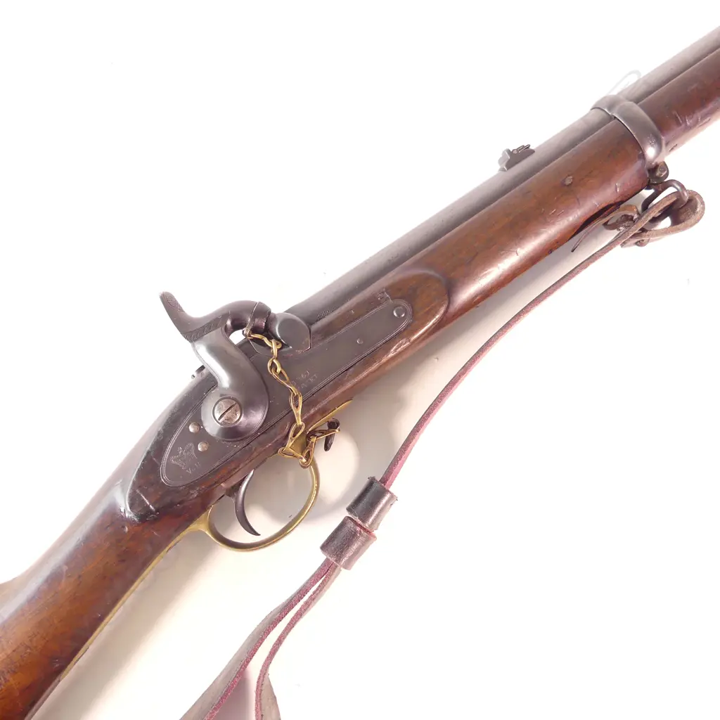 British Pattern 1853 Percussion Sergeant's Carbine- 2nd model.  Lock marked ‘Crown’ over ‘VR’ ‘Tower 1861’,...  All iron work with old professional reblue but all markings are sharp. Image 1++