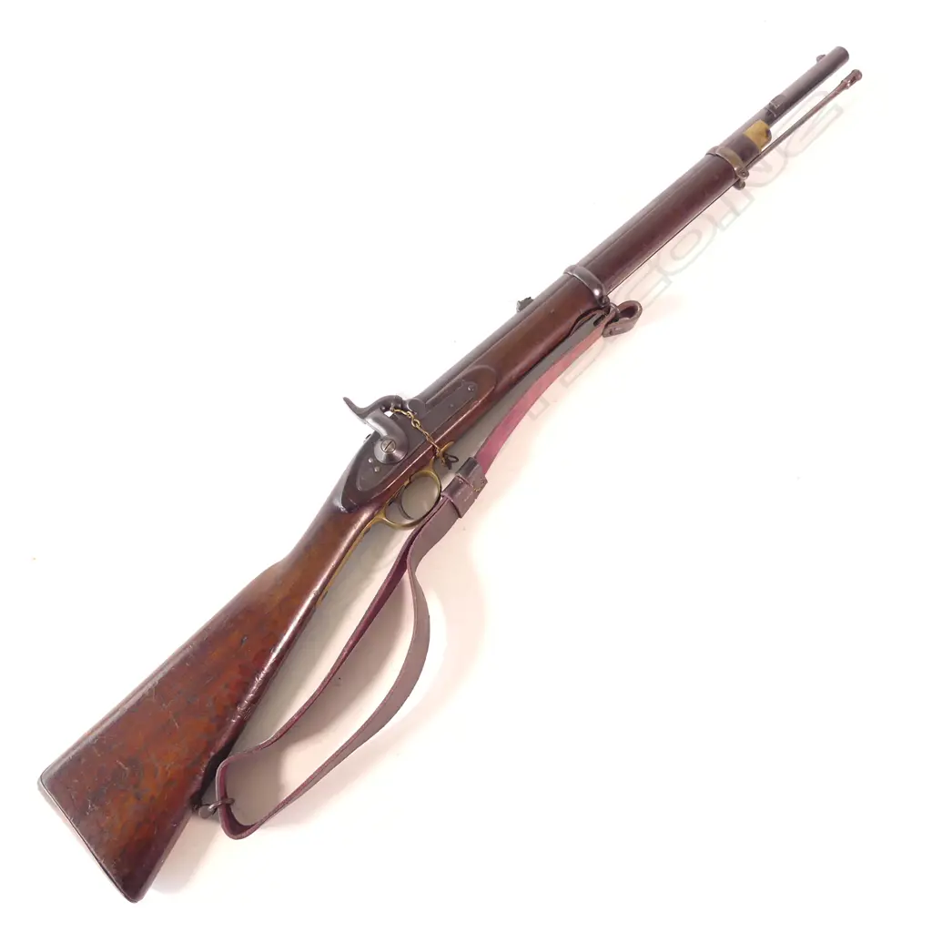 British Pattern 1853 Percussion Sergeant's Carbine- 2nd model.  Lock marked ‘Crown’ over ‘VR’ ‘Tower 1861’,...  All iron work with old professional reblue but all markings are sharp. Image 1++