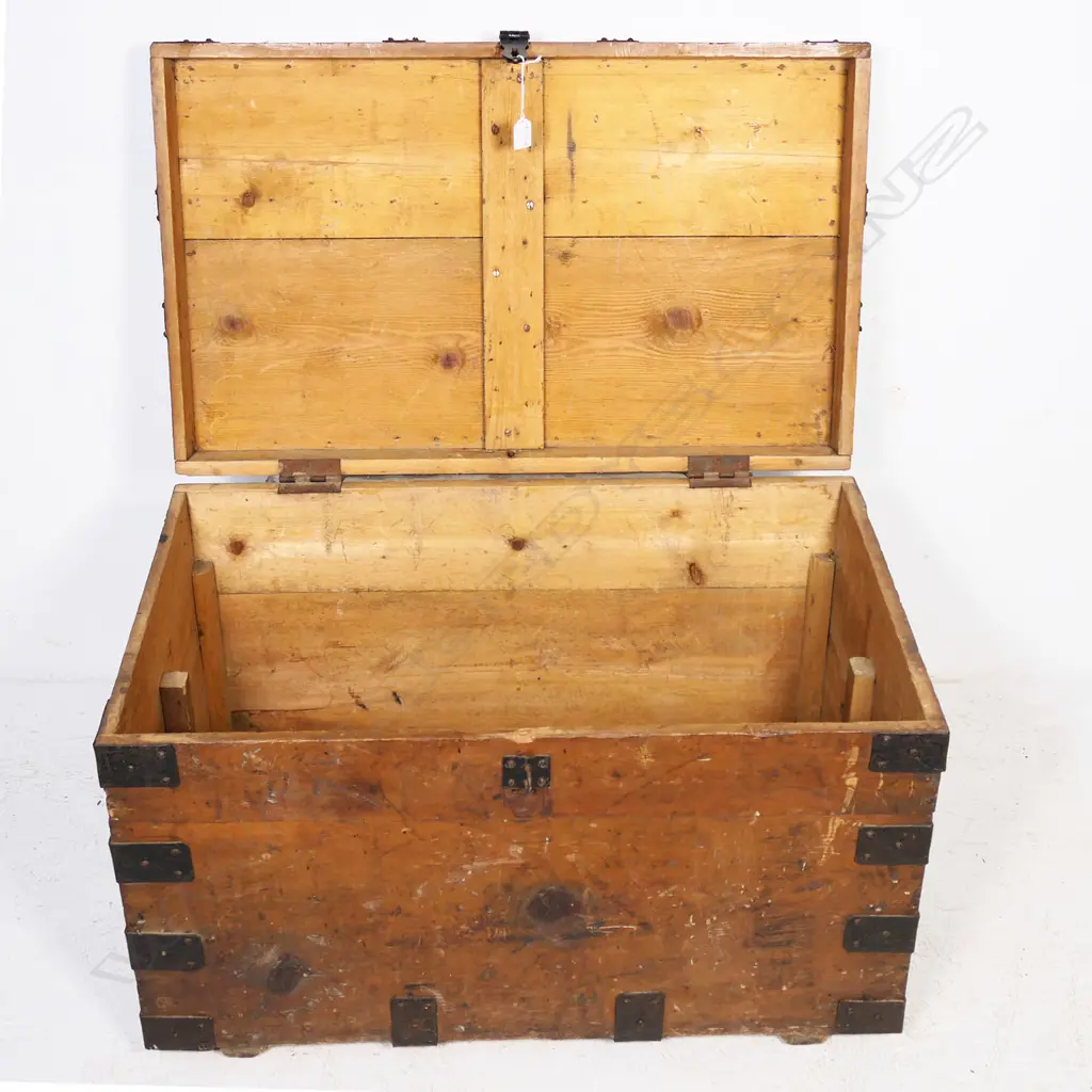 A 19thC iron bound pine trunk with iron strapping and clasp lock. 840 x 510x 530mm Image 1++