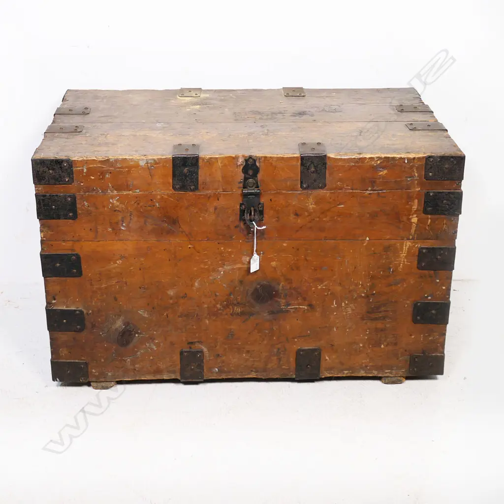 A 19thC iron bound pine trunk with iron strapping and clasp lock. 840 x 510x 530mm Image 1++