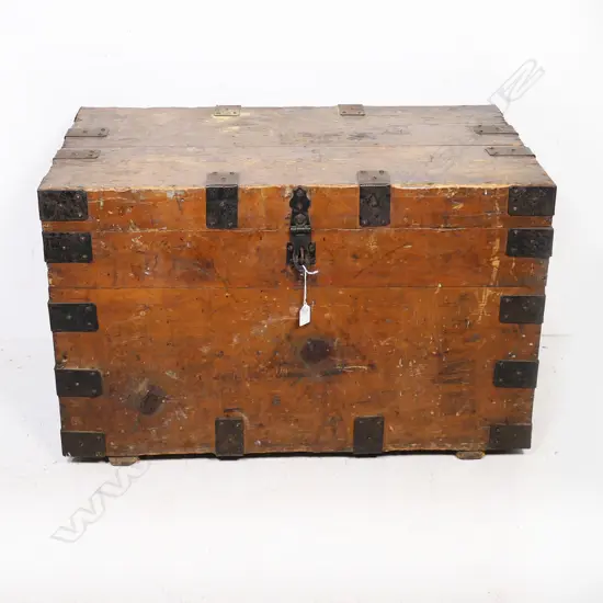 A 19thC iron bound pine trunk with iron strapping and clasp lock. 840 x 510x 530mm