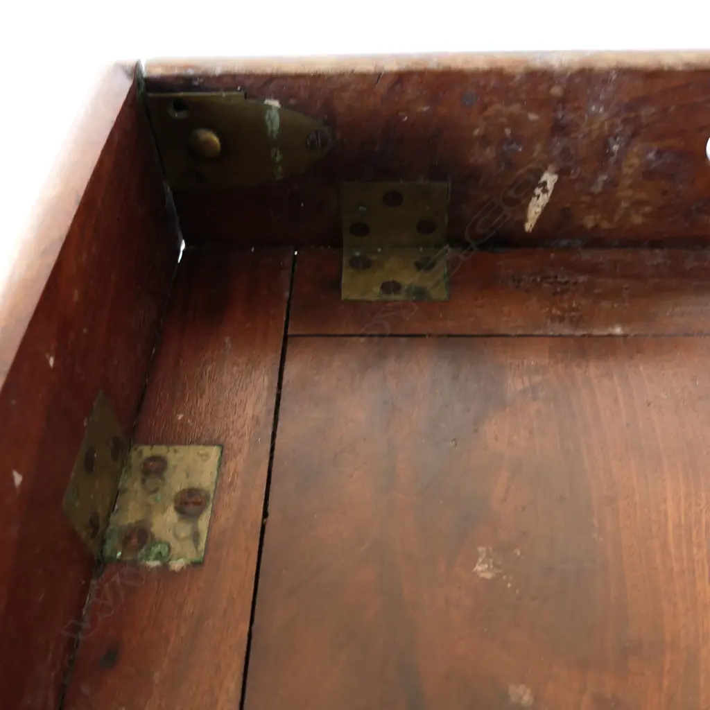 A 19thC teak campaign butler's tray table- the two-handled folding top with brass hinges supported on folding X-framed base. 770 x 510mm Image 1++