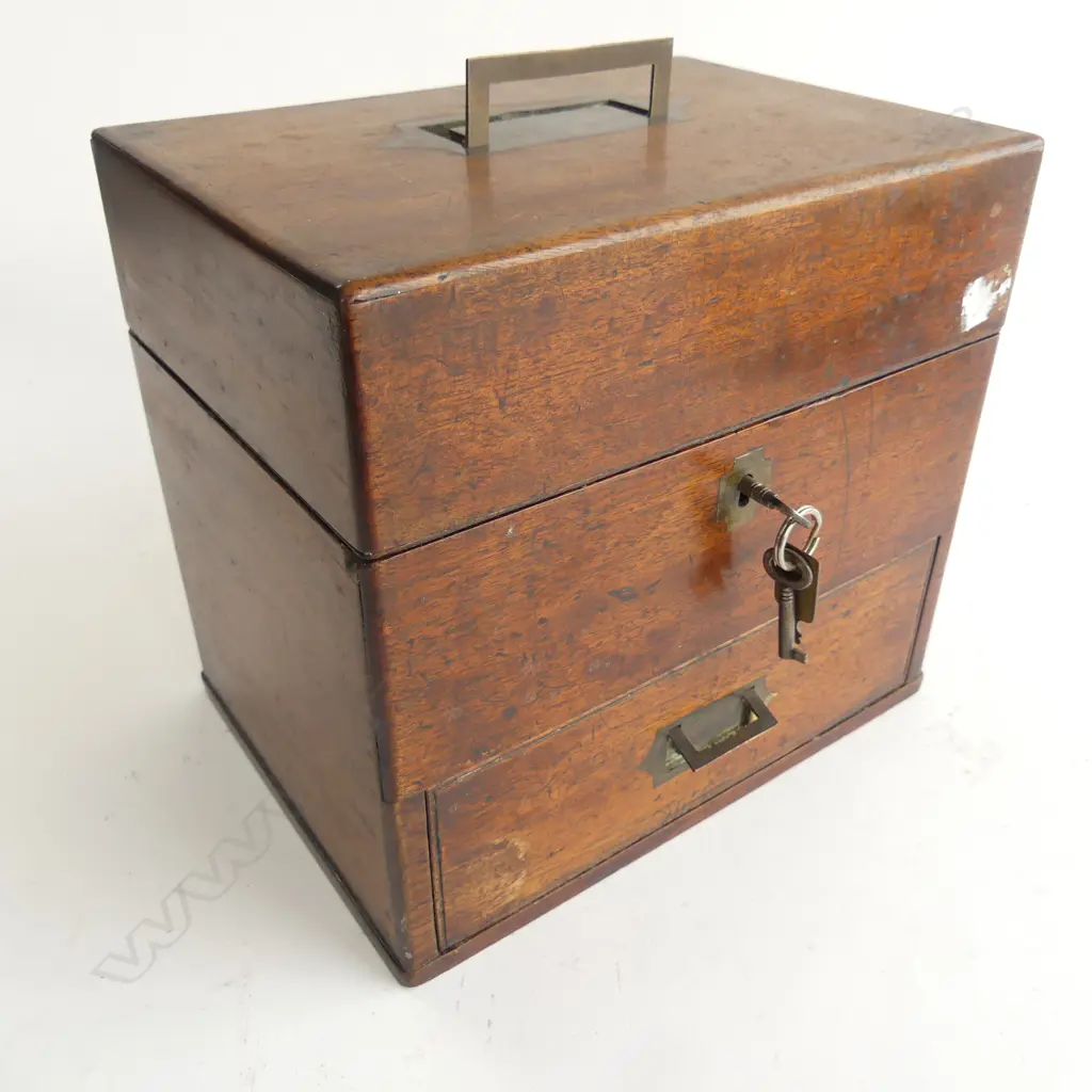 A 19thC apothecary’s mahogany box, with selection of dispensary bottles including two in turned boxwood protective sleeves, marked Allen & Hanburys, London. Image 1++