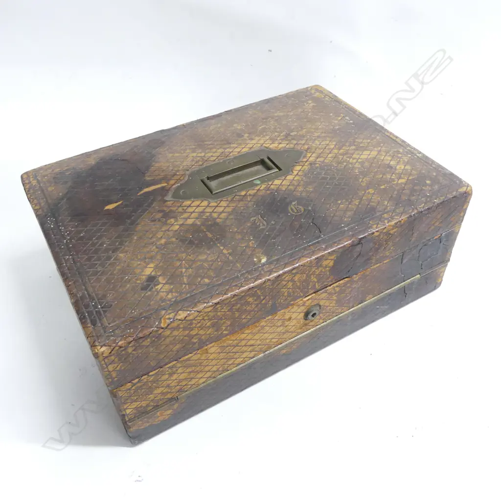 An early 19thC writing box, with chequered leather covering, fitted mahogany interior including uncommon porcelain slates. Eexterior distressed. 370 x 260 x 140mm. Image 1++