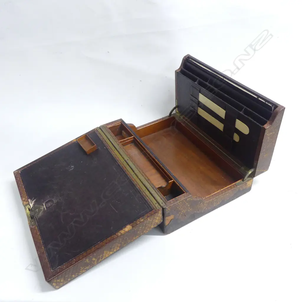 An early 19thC writing box, with chequered leather covering, fitted mahogany interior including uncommon porcelain slates. Eexterior distressed. 370 x 260 x 140mm. Image 1++