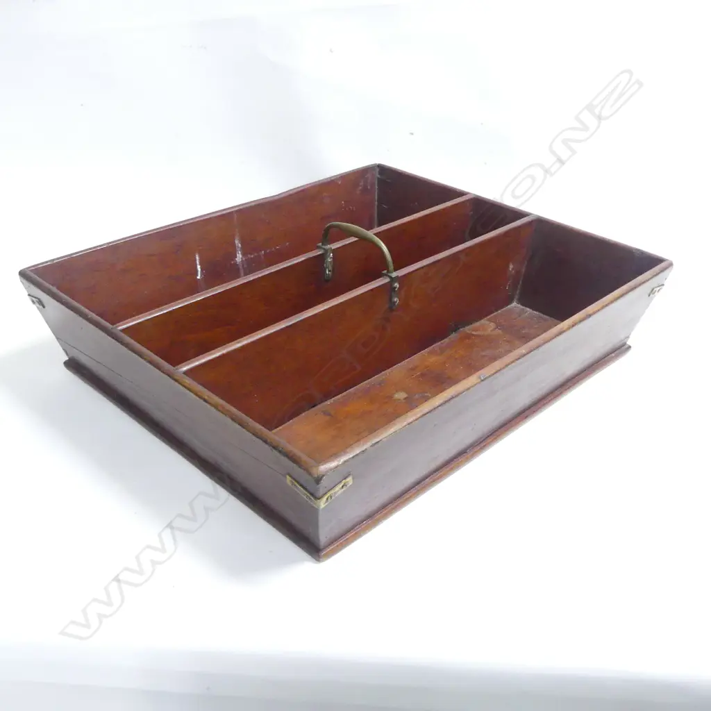 A 19thC mahogany three compartment knife box, with dovetailed corners with brass strapping and brass bale handle. 475 x 400mm Image 1++