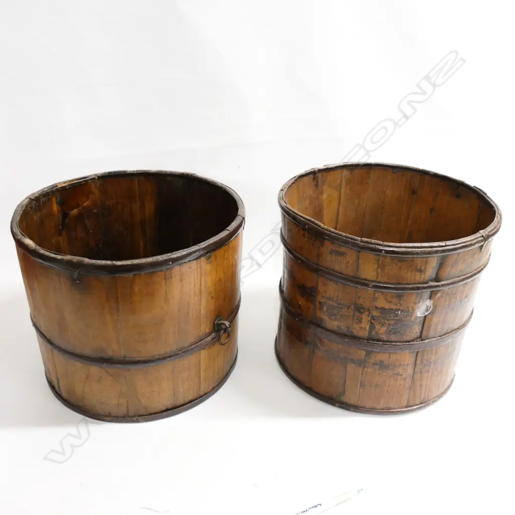 A pair of old wooden buckets, three metal rings to each bucket, one with carrying ring. Dia.302 and 340mm Image 1++