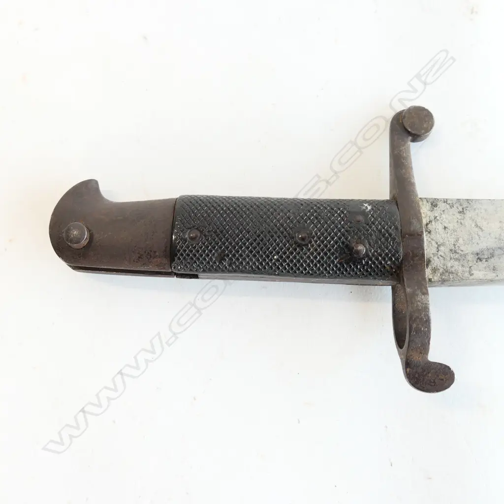 British P1856/58 Sword Bayonet with Leather Scabbard and Frog, Yataghan blade in excellent condition, leather grips good.  The leather frog marked NZ broad arrow. Image 1++
