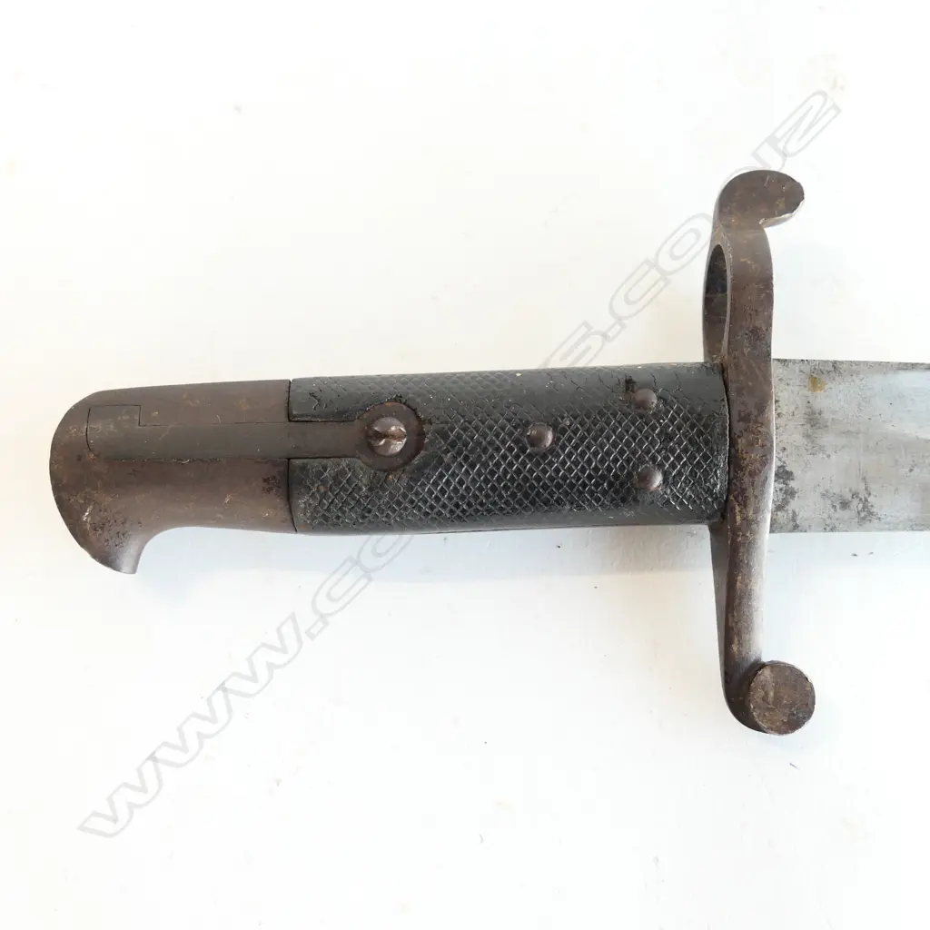 British P1856/58 Sword Bayonet with Leather Scabbard and Frog, Yataghan blade in excellent condition, leather grips good.  The leather frog marked NZ broad arrow. Image 1++