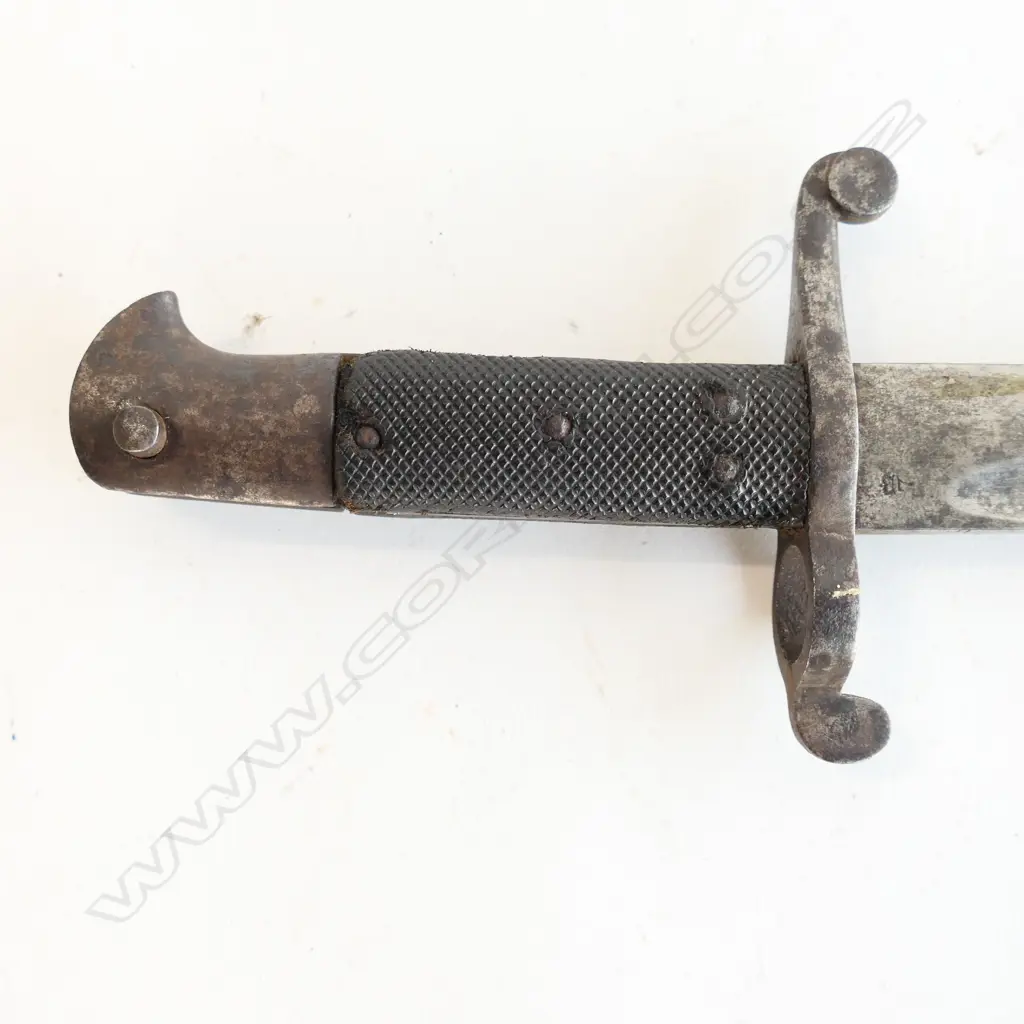 British P.1856/58 Sword Bayonet. As issued with blade and metal parts with stained aged appearance. Sound black leather and steel scabbard. Image 1++