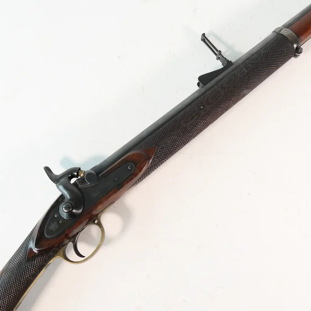 Volunteer Rifle Calibre .577, standard 1853 type pattern. 36" barrel marked ‘Turner's Patent' with very good bore. Barrel, lock and hammer well re-blued. Lock marked ‘Crown 1862’. Image 1++