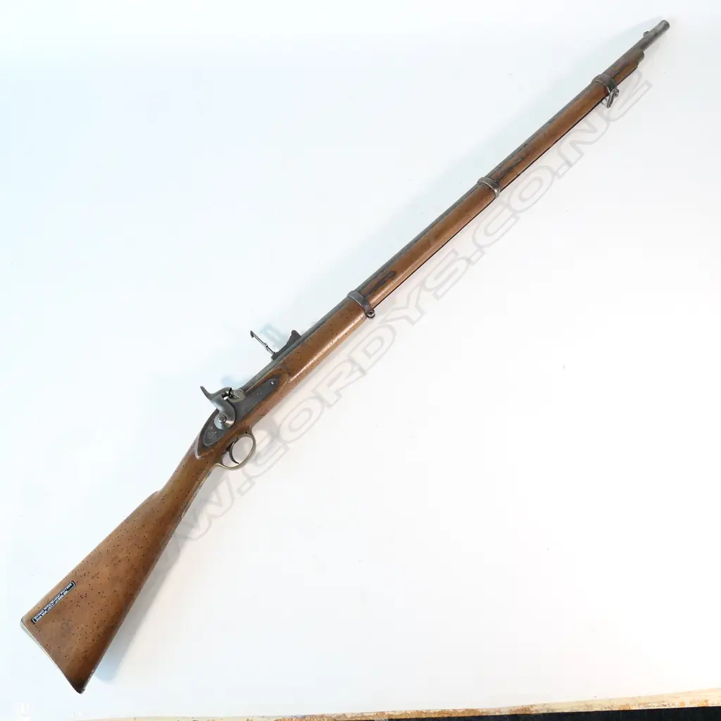 Enfield Rifle musket three-band, Pattern 1853, 2nd model .577 cal., lock marked  'Tower 1856' with 'Crown' over 'VR', WD broad arrow stamp to stock, 39" barrel, Image 1++