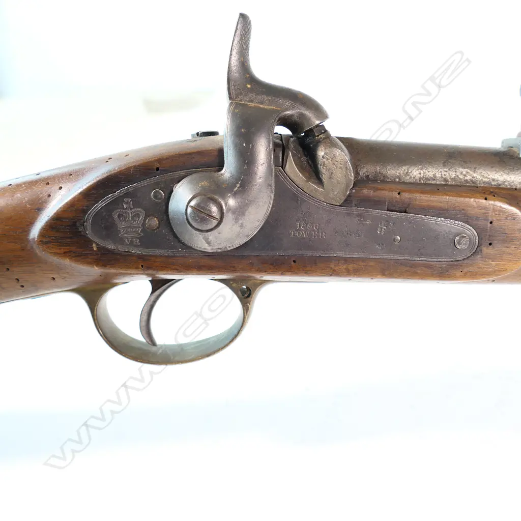 Enfield Rifle musket three-band, Pattern 1853, 2nd model .577 cal., lock marked  'Tower 1856' with 'Crown' over 'VR', WD broad arrow stamp to stock, 39" barrel, Image 1++