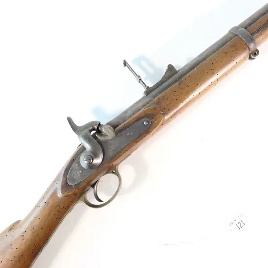 Enfield Rifle musket three-band, Pattern 1853, 2nd model .577 cal., lock marked  'Tower 1856' with 'Crown' over 'VR', WD broad arrow stamp to stock, 39" barrel,