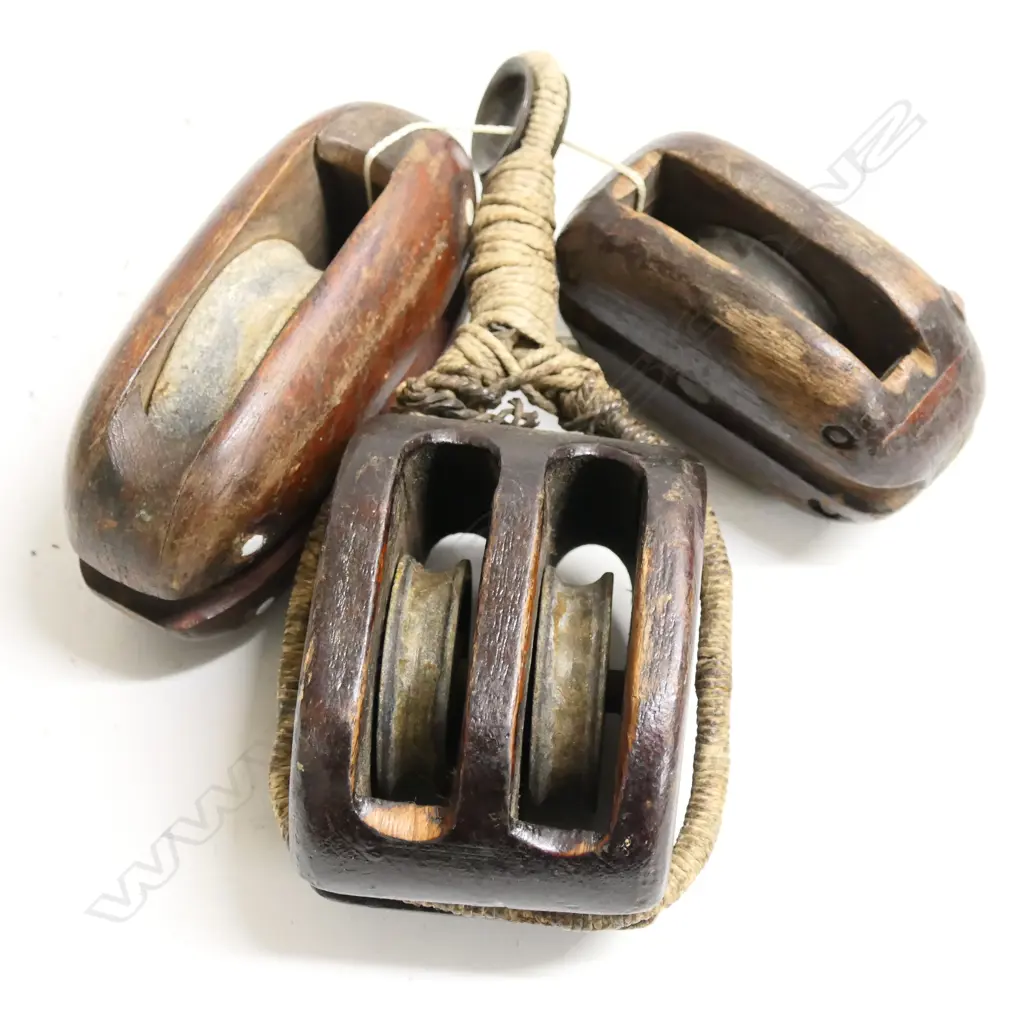 Three old pulleys, includes two single pulley blocks and a double. Image 1++