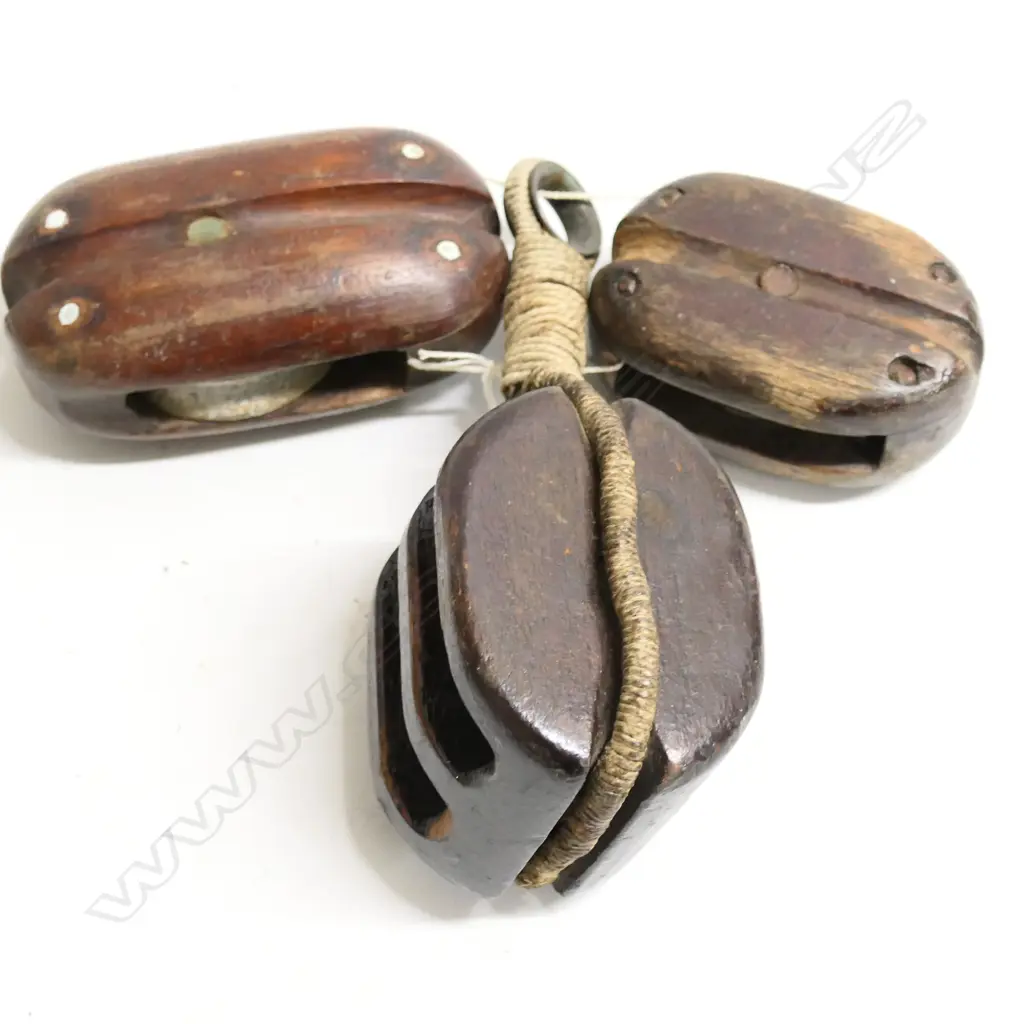 Three old pulleys, includes two single pulley blocks and a double. Image 1++