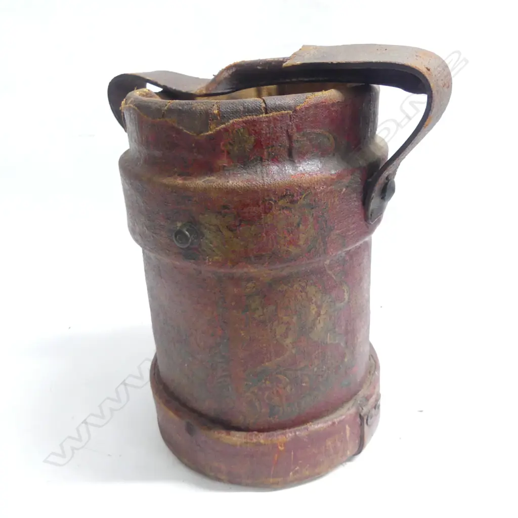 A 19thC naval powder charge bucket red-brown painted canvas with coat-of-arms to one side. H.310mm. Handle broken. Image 1++