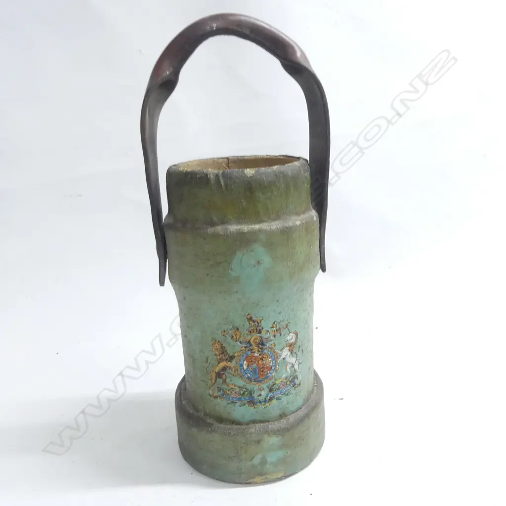 A 19thC naval powder charge bucket green painted canvas with coat-of-arms transfer to one side. H.310mm. Image 1++