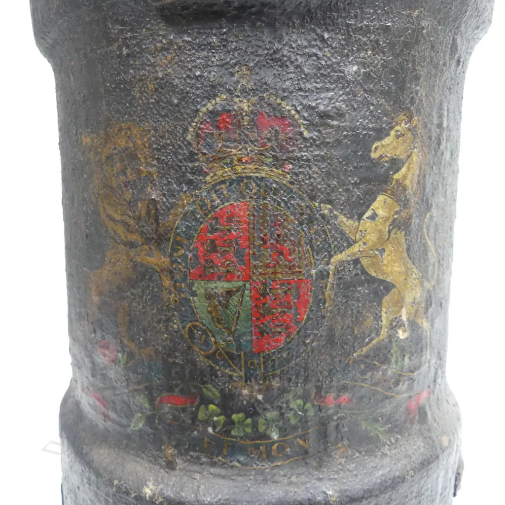 A 19thC naval powder charge bucket painted canvas with coat-of-arms and other insignia. H.530mm. Handle broken. Image 1++