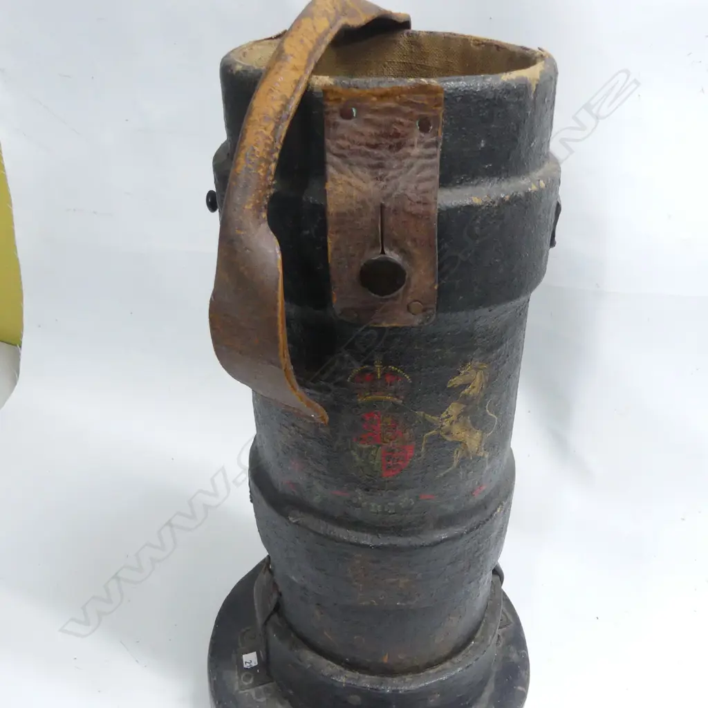A 19thC naval powder charge bucket painted canvas with coat-of-arms and other insignia. H.530mm. Handle broken. Image 1++