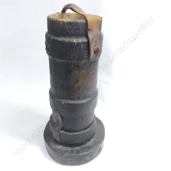 A 19thC naval powder charge bucket painted canvas with coat-of-arms and other insignia. H.530mm. Handle broken.