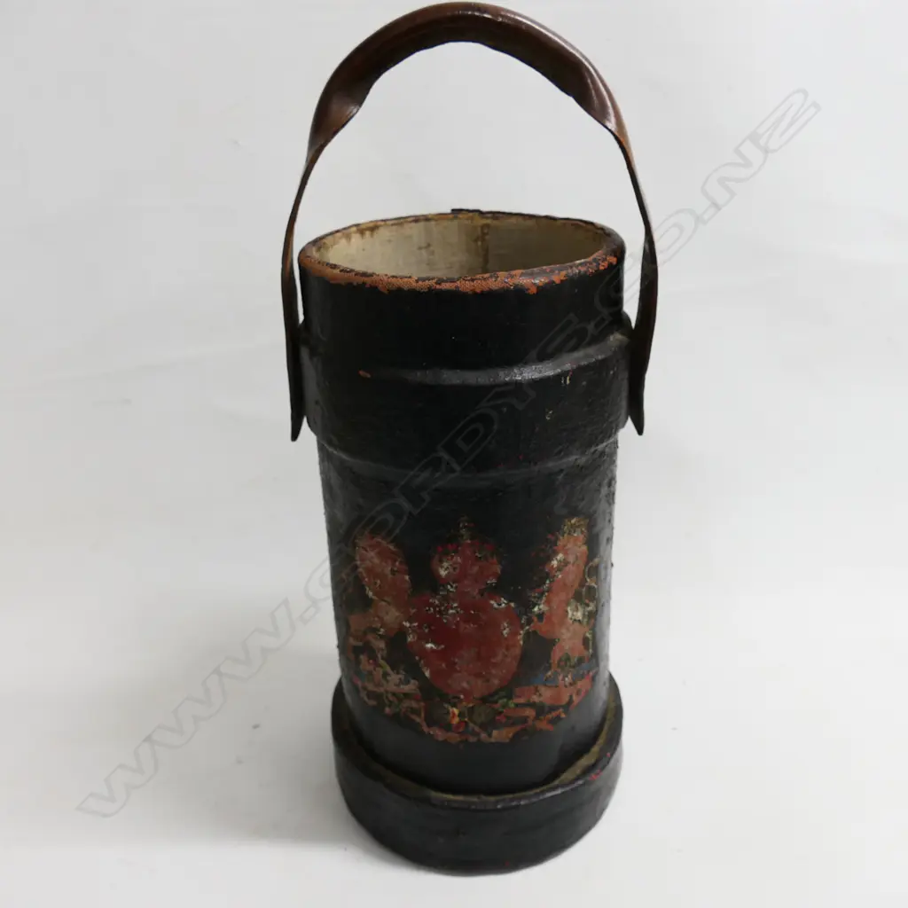 A 19thC naval powder charge bucket painted canvas with coat-of-arms to one side. H.420mm. Image 1++