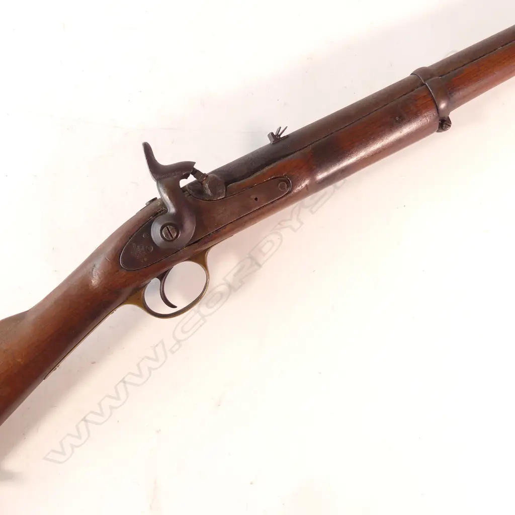 Enfield Pattern 1856 Saddle Ring Carbine Musket. Lock marked 1858 Tower  and Crown over VR, smooth bored for the Goldfield escorts in Otago. Image 1++