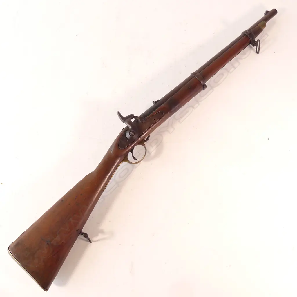 Enfield Pattern 1856 Saddle Ring Carbine Musket. Lock marked 1858 Tower  and Crown over VR, smooth bored for the Goldfield escorts in Otago. Image 1++