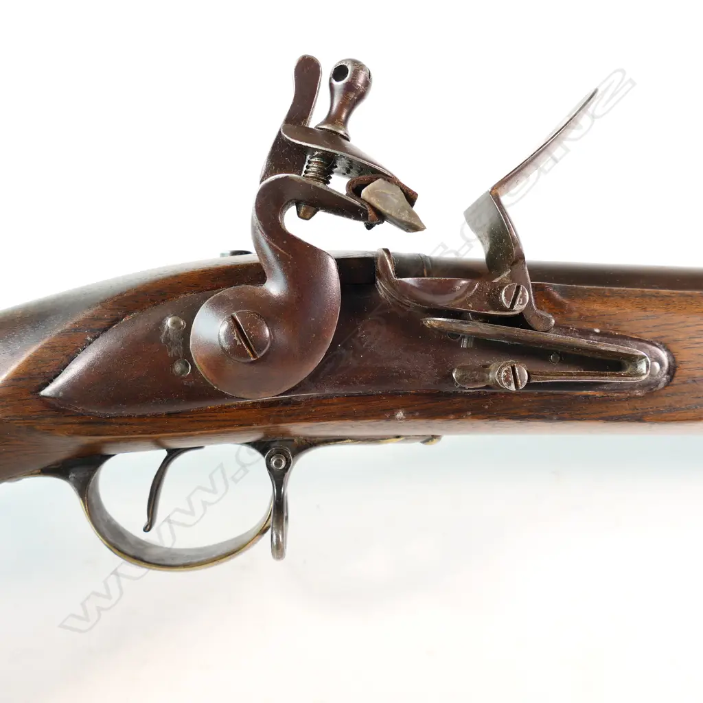 Reproduction copy of a Brown Bess flintlock, .75 cal rifle. 39" barrel. No maker’s marks or stamps to action or barrel, Image 1++
