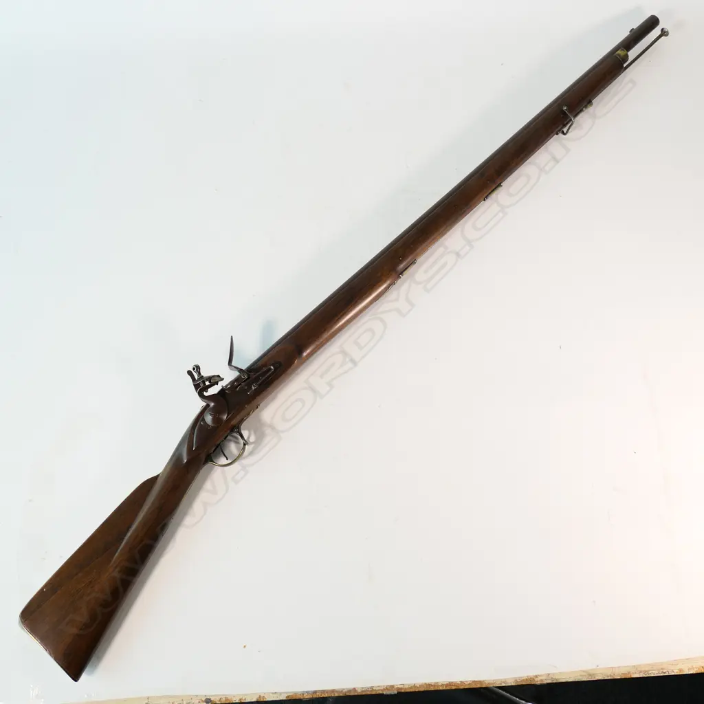 Reproduction copy of a Brown Bess flintlock, .75 cal rifle. 39" barrel. No maker’s marks or stamps to action or barrel, Image 1++