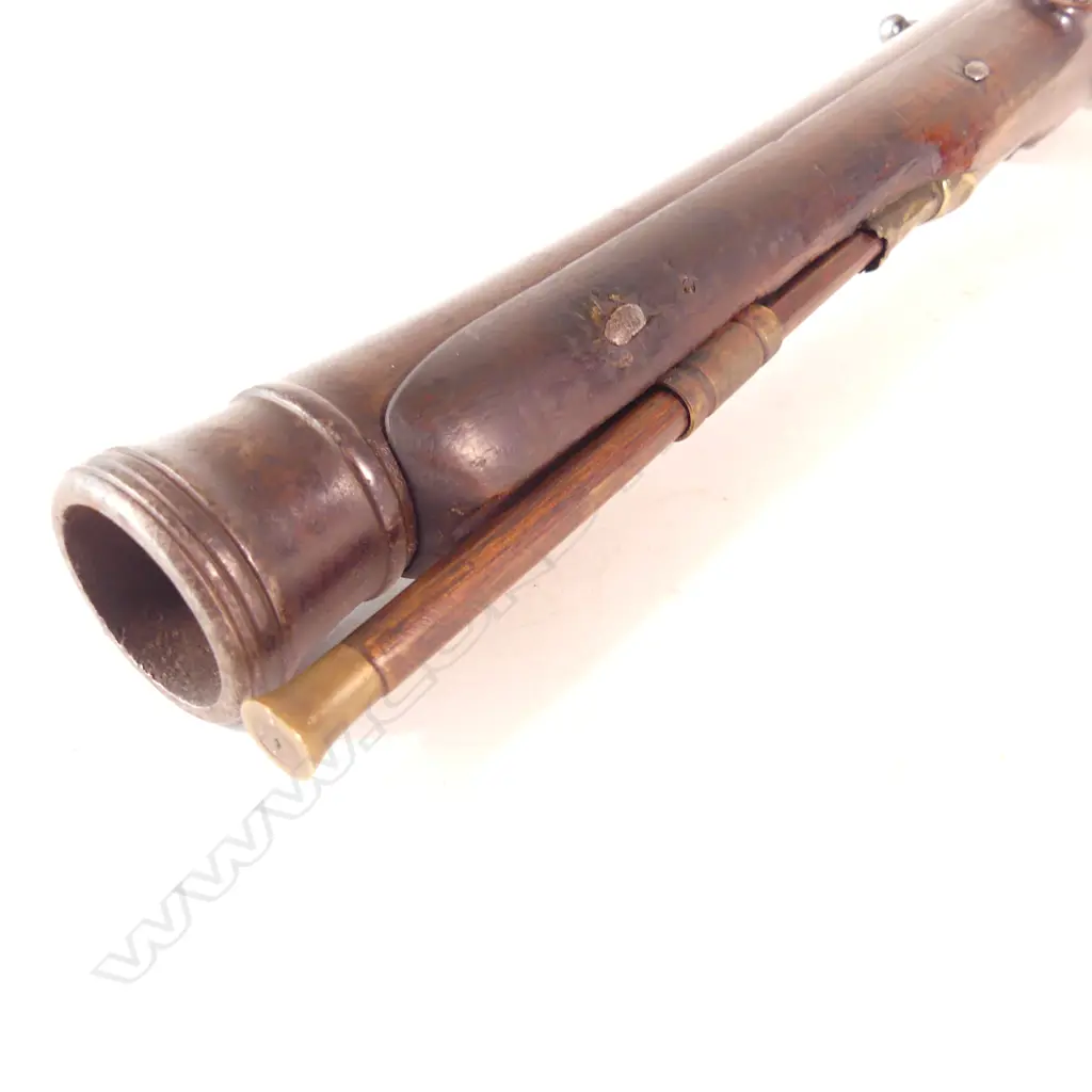 A Flintlock Blunderbuss, circa 1820-1830, walnut stock with two wedges holding 14" barrel, makers mark ‘G&S Younge’ to lock, Image 1++