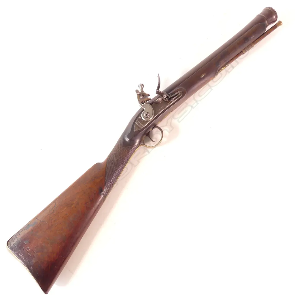 A Flintlock Blunderbuss, circa 1820-1830, walnut stock with two wedges holding 14" barrel, makers mark ‘G&S Younge’ to lock, Image 1++