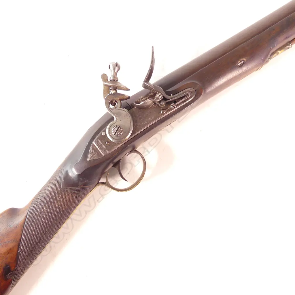 A Flintlock Blunderbuss, circa 1820-1830, walnut stock with two wedges holding 14" barrel, makers mark ‘G&S Younge’ to lock, Image 1++