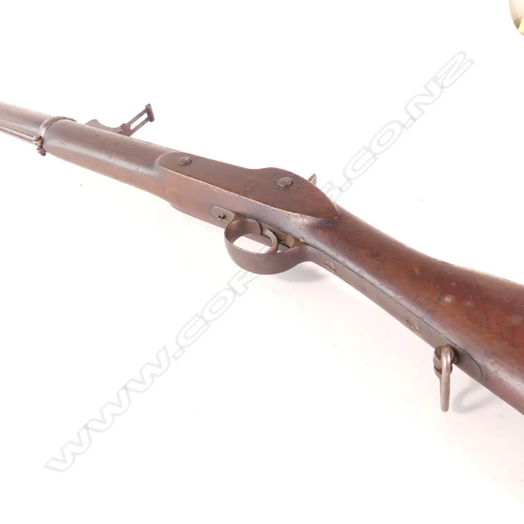 Enfield two-band Volunteer rifle 1856 pattern .577 caliber, makers mark ‘Tipping & Lawden’ to lock. Steel furniture, swivels, and cleaning rod. Pitting to barrel. NLR. Image 1++