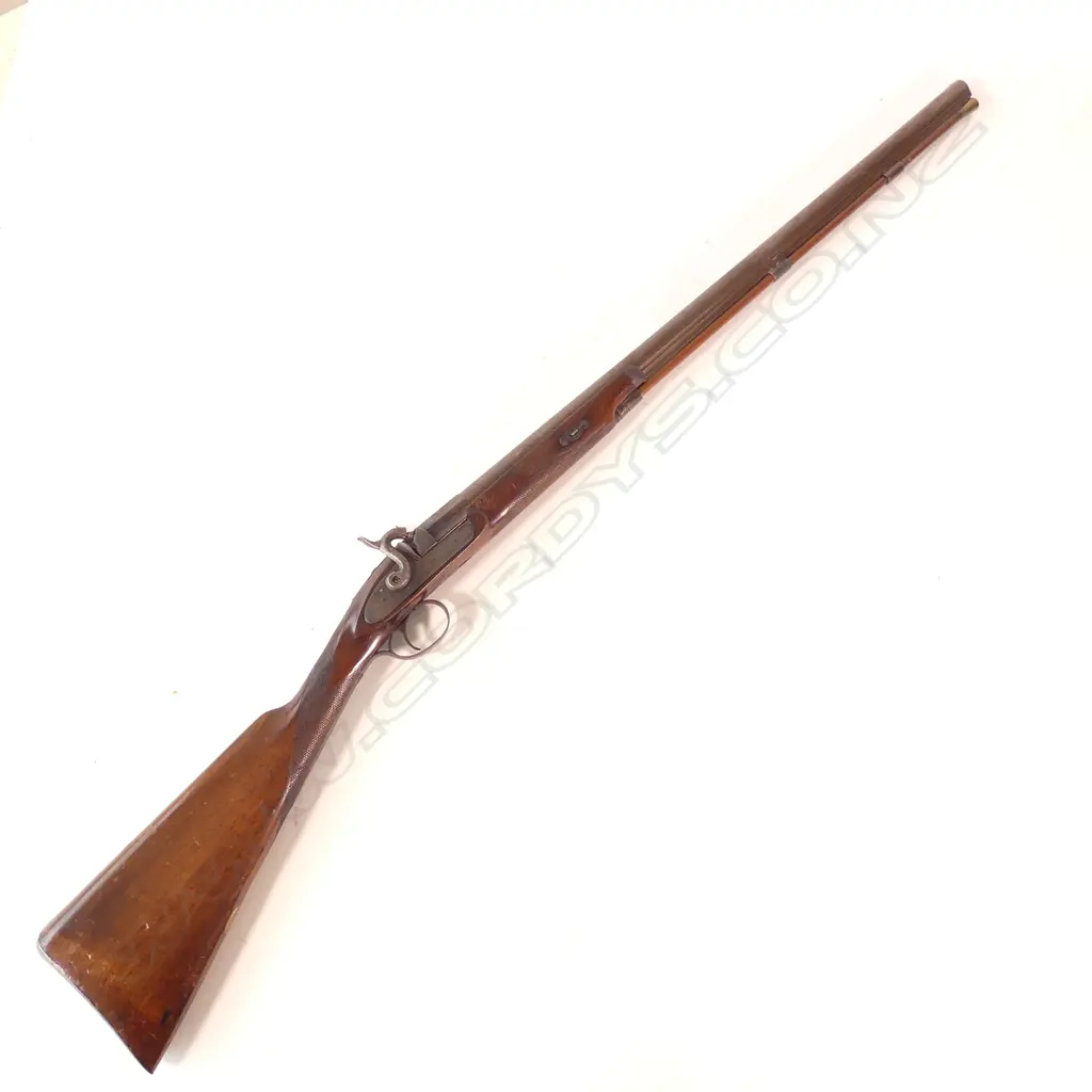 Hollis and Sheath single barrel fowling shotgun.12 gauge percussion. Attractive damascus twist pattern barrel. Wooden ramrod. Nice walnut stock with checquering to wrist and fore end. Barrel with London address line. Image 1++