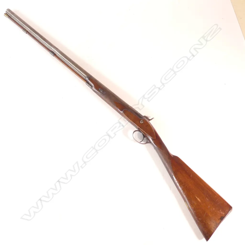 Hollis and Sheath single barrel fowling shotgun.12 gauge percussion. Attractive damascus twist pattern barrel. Wooden ramrod. Nice walnut stock with checquering to wrist and fore end. Barrel with London address line. Image 1++