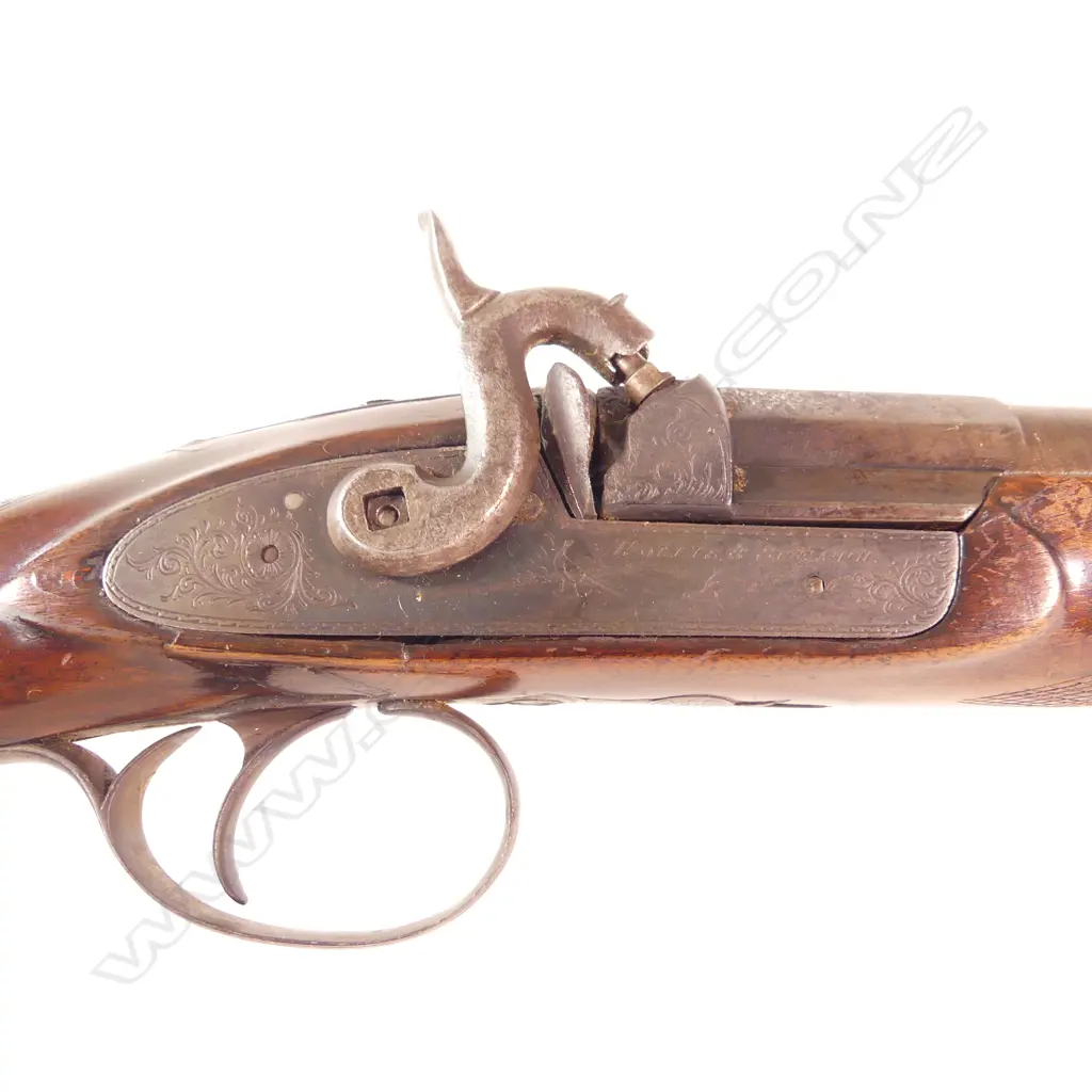 Hollis and Sheath single barrel fowling shotgun.12 gauge percussion. Attractive damascus twist pattern barrel. Wooden ramrod. Nice walnut stock with checquering to wrist and fore end. Barrel with London address line. Image 1++