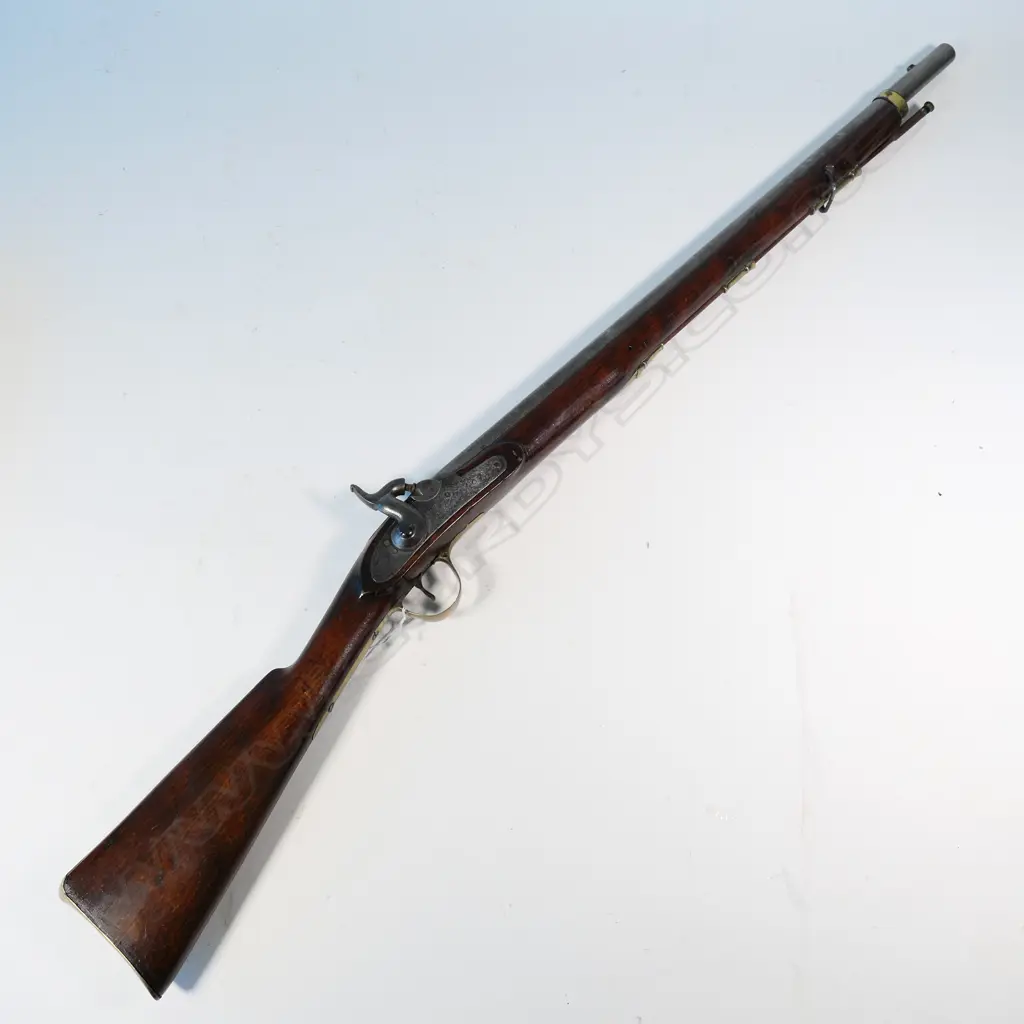 Military Percussion Rifle, muzzle loading,the lock stamped 1845. With brass furniture, ramrod replaced. Barrel 30", polished, pitted. Provenance: Cordy's 21/06/2011 Lot 276. $630. NLR Image 1++