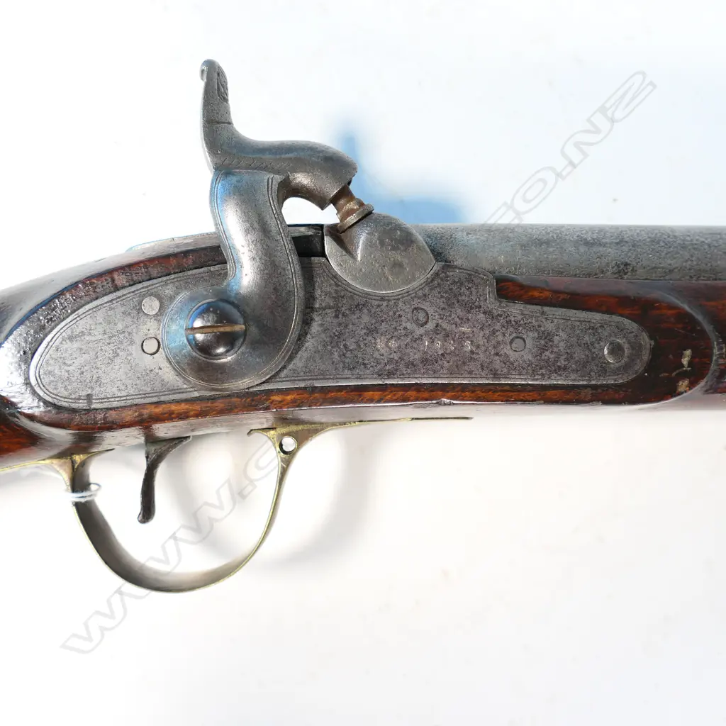 Military Percussion Rifle, muzzle loading,the lock stamped 1845. With brass furniture, ramrod replaced. Barrel 30", polished, pitted. Provenance: Cordy's 21/06/2011 Lot 276. $630. NLR Image 1++