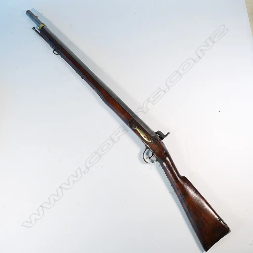 Military Percussion Rifle, muzzle loading,the lock stamped 1845. With brass furniture, ramrod replaced. Barrel 30", polished, pitted. Provenance: Cordy's 21/06/2011 Lot 276. $630. NLR Image 1++