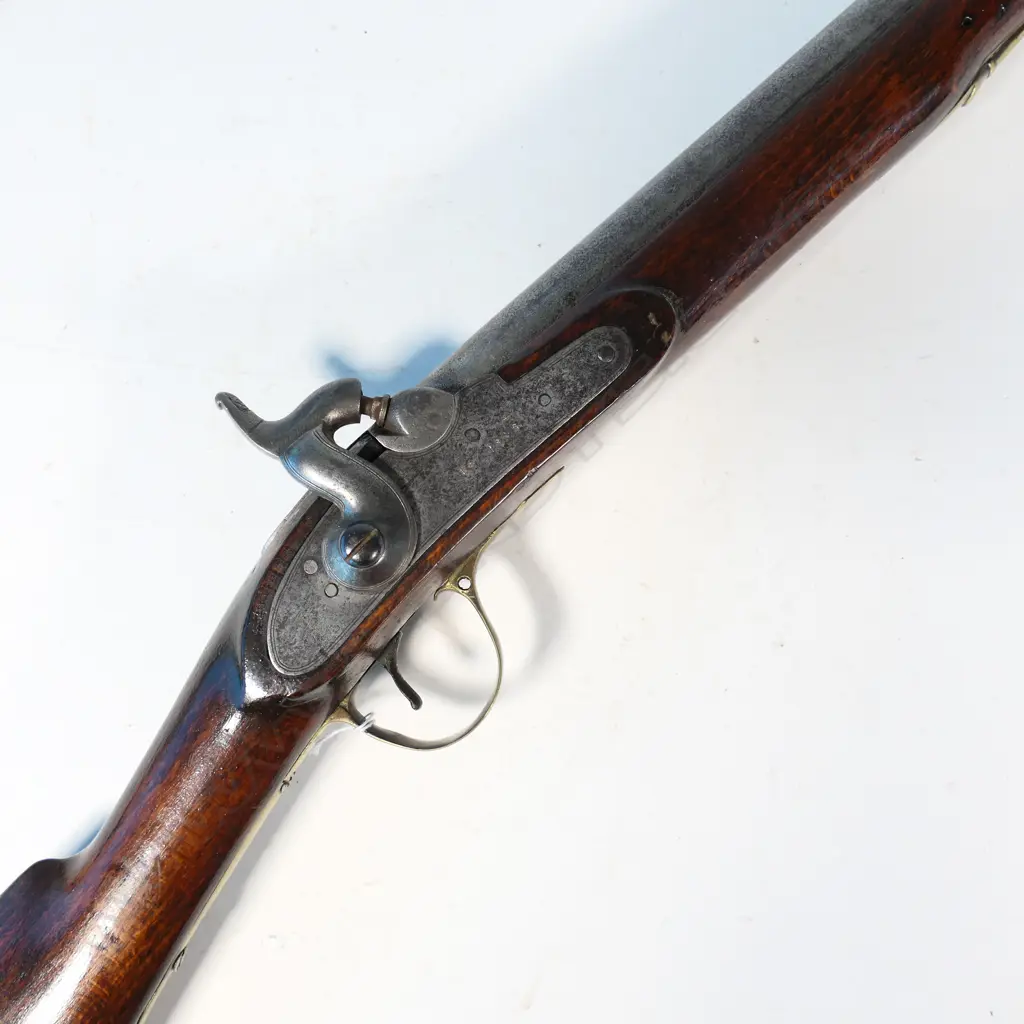 Military Percussion Rifle, muzzle loading,the lock stamped 1845. With brass furniture, ramrod replaced. Barrel 30", polished, pitted. Provenance: Cordy's 21/06/2011 Lot 276. $630. NLR Image 1++