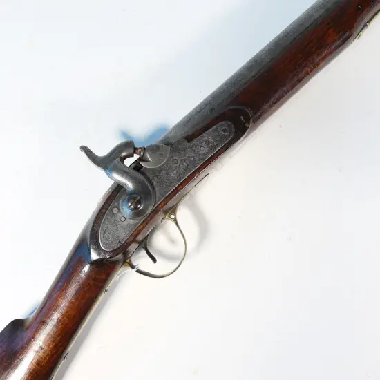 Military Percussion Rifle, muzzle loading,the lock stamped 1845. With brass furniture, ramrod replaced. Barrel 30", polished, pitted. Provenance: Cordy's 21/06/2011 Lot 276. $630. NLR